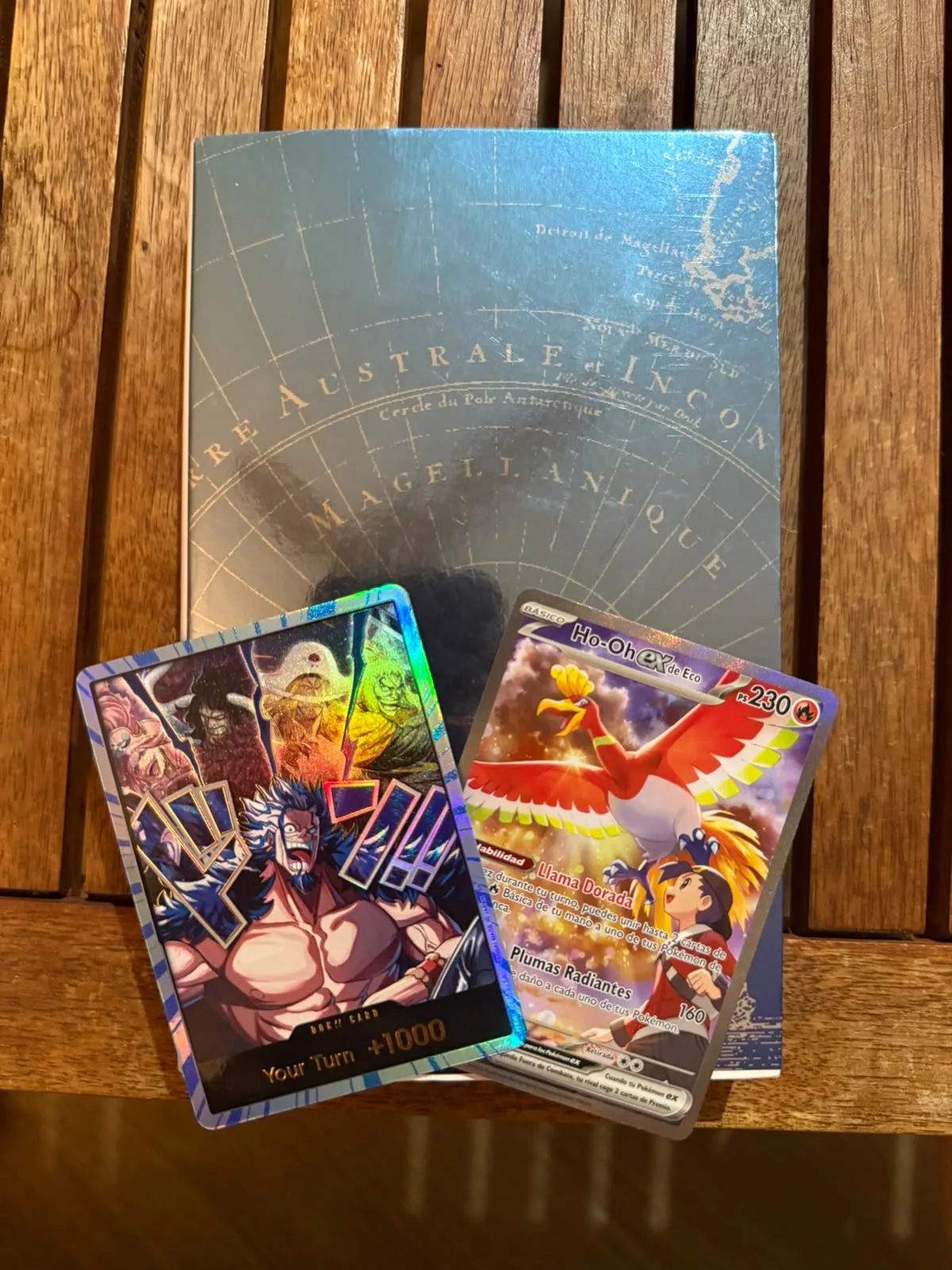 Cartas de One Piece TCG y Pokémon en toploaders Ultimate Guard, con gato curioseando
