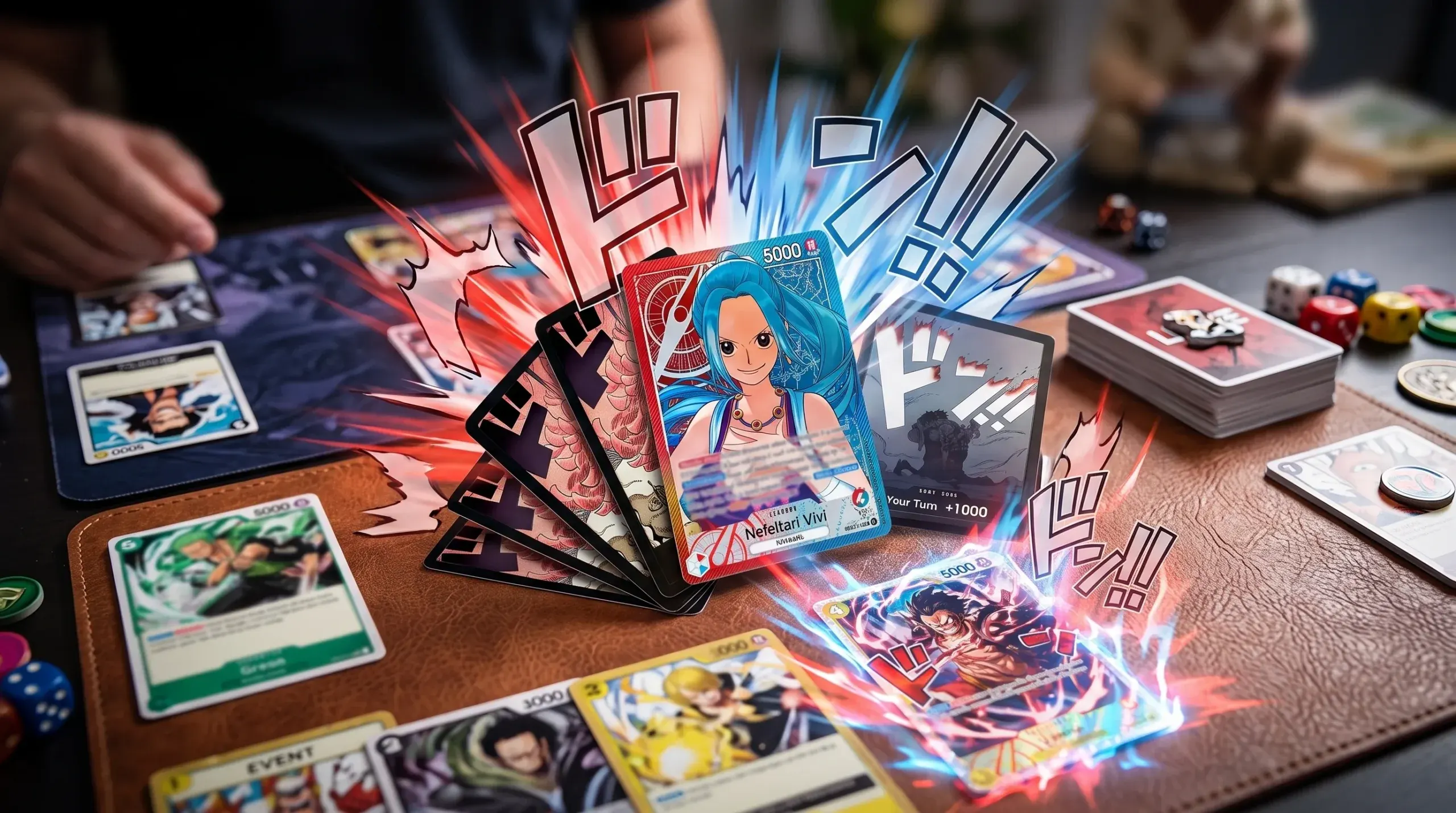 Partida de One Piece TCG con cartas DON!! y líder sobre el tapete