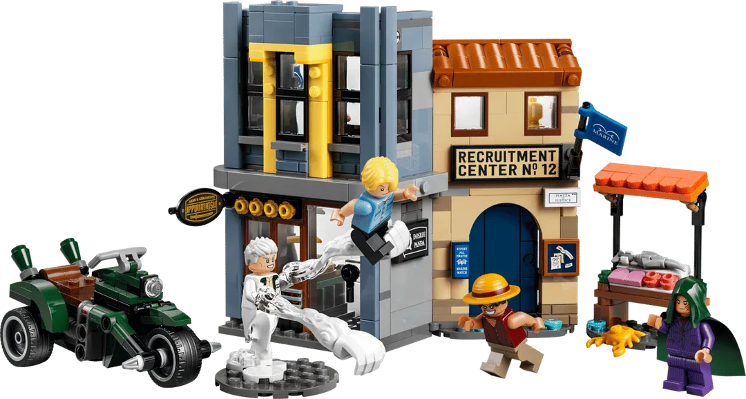 Set LEGO One Piece 75642 de Loguetown con el capitán Smoker, Luffy, Sanji y Dragon