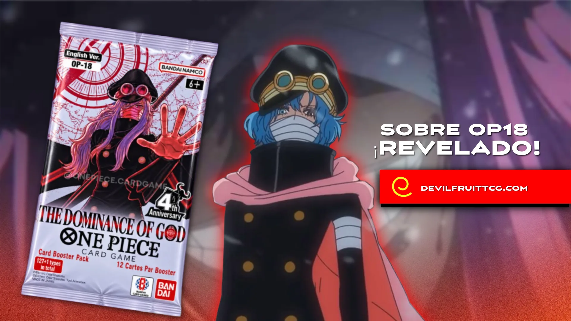Sobre booster pack OP-18 The Dominance of God revelado con Gunko en portada One Piece Card Game
