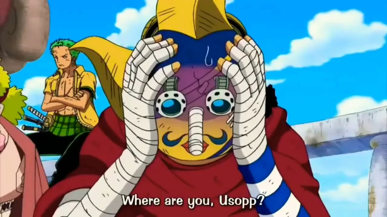 Usopp disfrazado de Sogeking en el anime de One Piece, con Zoro detrás
