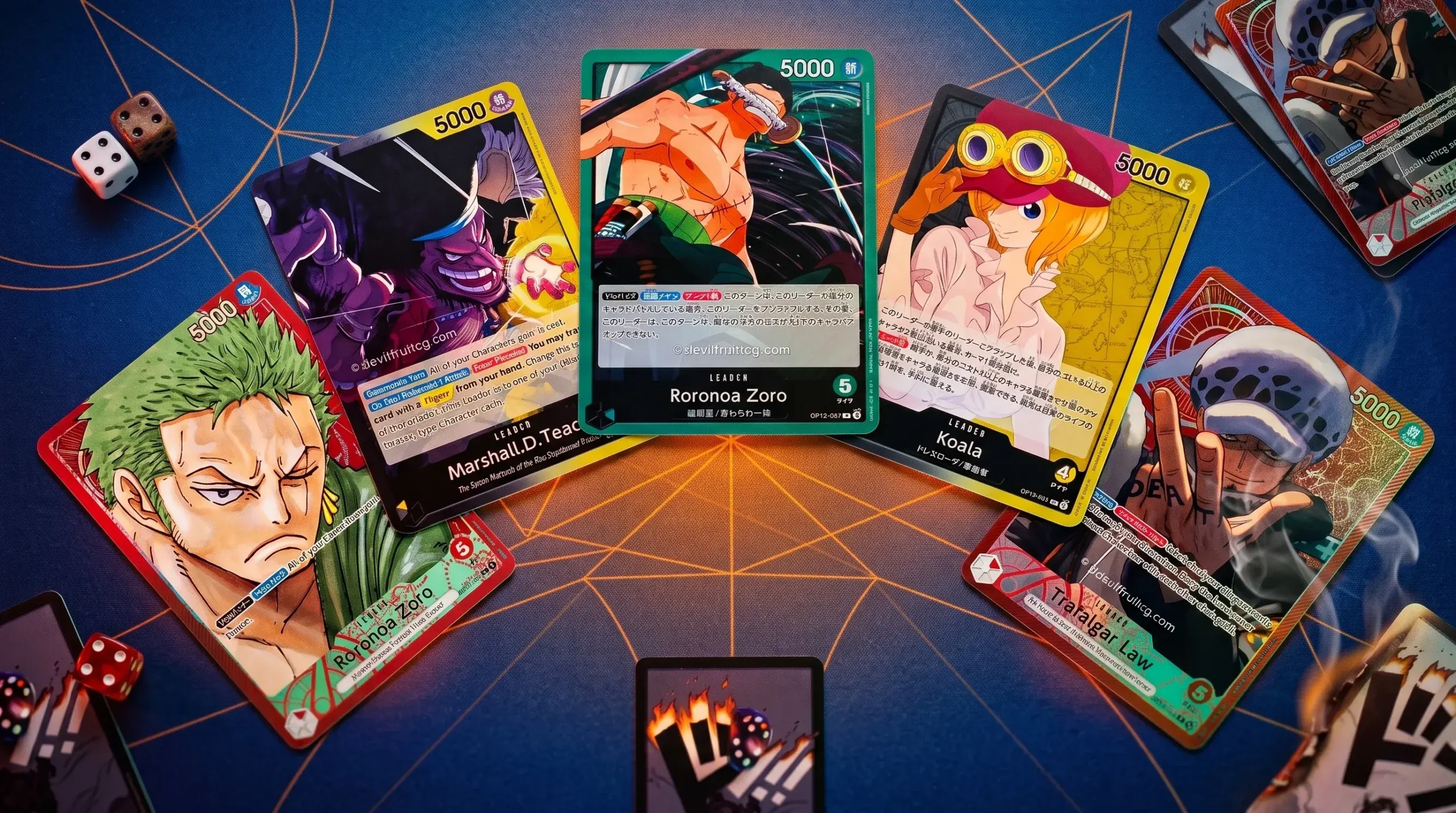 Varios líderes de distintos colores del One Piece Card Game