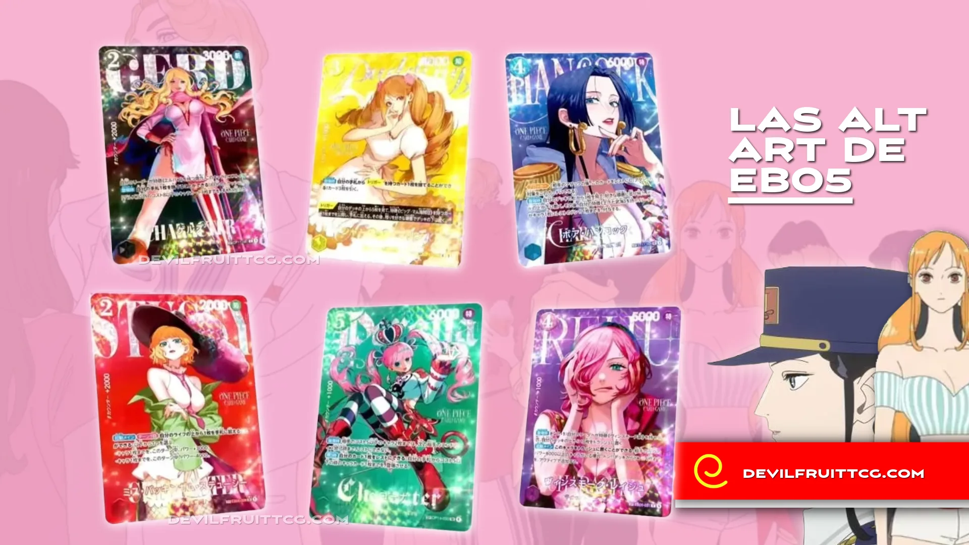 Cartas SP de EB05 con diseño de portada de revista: Gerd, Charlotte Pudding, Boa Hancock, Miss Buckingham Stussy, Perona y Vinsmoke Reiju, One Piece Card Game