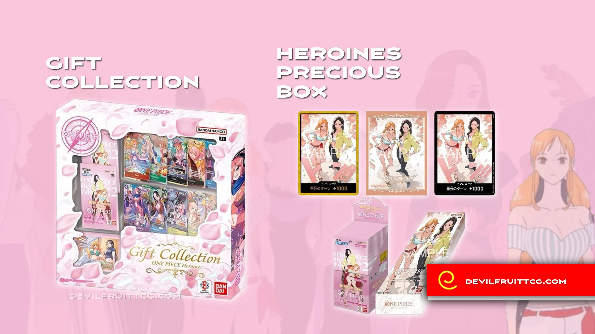 Gift Collection ONE PIECE Heroines y ONE PIECE HEROINES PRECIOUS BOX con caja de EB05 y cartas DON!! de Nami y Robin, One Piece Card Game