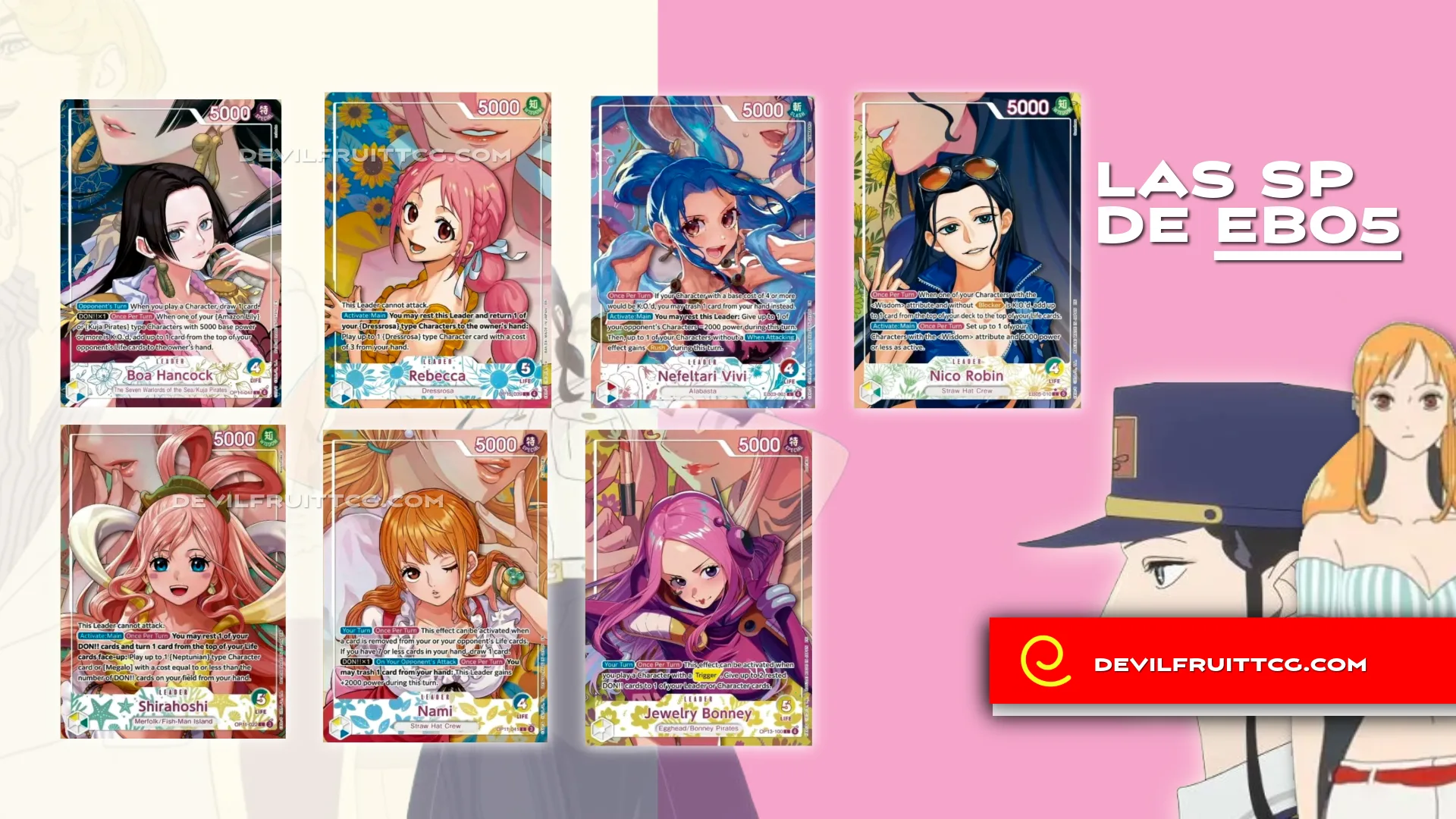 Líderes paralelos de EB05 Heroines Edition Vol. 2: Boa Hancock, Rebecca, Nefertari Vivi, Nico Robin, Shirahoshi, Nami y Jewelry Bonney, One Piece Card Game